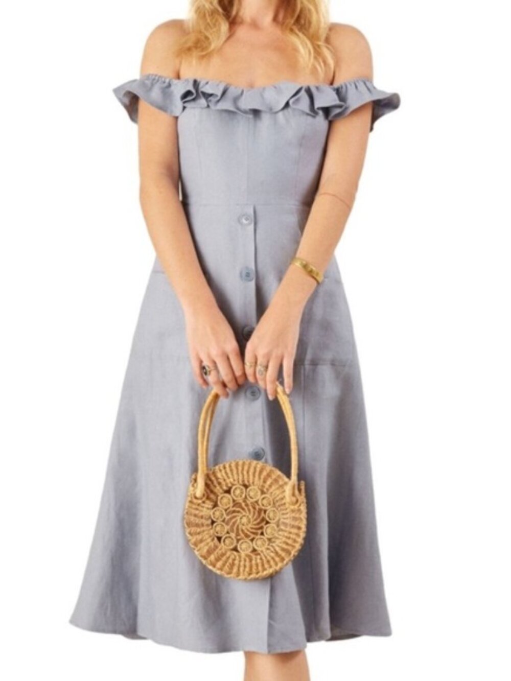 Reformation Hattie Off Shoulder Linen Midi Dress